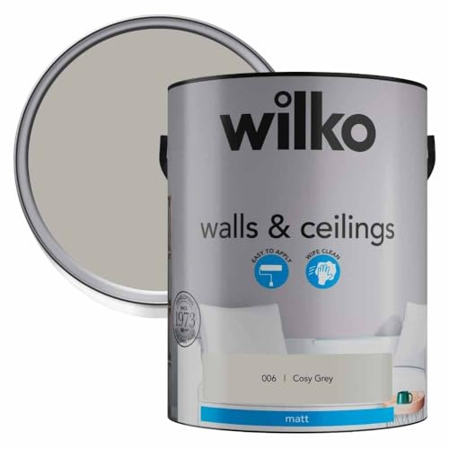 wilko Matt Paint 5L, Emulsion Paint, Wall & Ceiling Paint, Cosy Grey, Matt Finish, Premium Quality, Easy Application, Single Unit, Interior Use