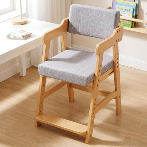 MAMIZO Silla para Niños Madera de Haya, Apta para Niños a Partir de 3 Años, con Altura Regulable y Cojín Cómodo, Silla de Comedor con Soporte hasta 120 kg, para Estudiar y Comer, Color Madera Natural