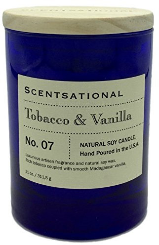 Scentsational tabaco natural vela de soja, aroma de vainilla en un tarro azul vertida a mano en los Estados Unidos