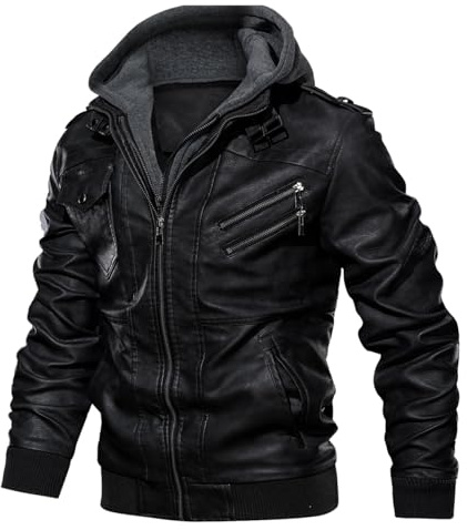 Uusollecy Blouson en Cuir Synthétique Homme avec Capuche Amovible - Style David, Veste d’Hiver Décontractée, Noir, S
