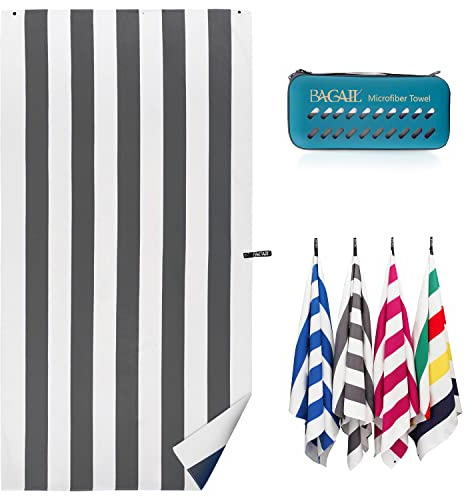BAGAIL Microfibre Towel - Quick Dry, Super Absorbent, Ultra Light & Compact - Ideal for Camping, Travel & Beach, Swimming Towel, Great for Sports, Gym, Yoga and Backpacking, Stripe Grey, 180x90cm