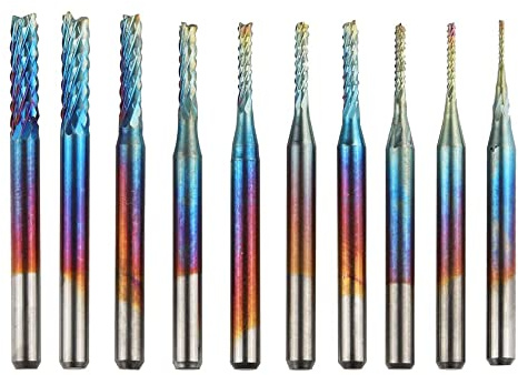 Bestgle 10 Pcs 1/8 Shank CNC Router Bits, Blue Coating Titanium Carbide End Mill Engraving Milling Cutting Tools for Wood, Plastic, Acrylic, PCB