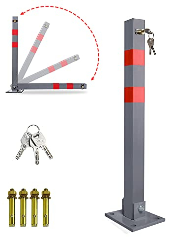 Ikodm Parkpfosten klappbar Absperrpfosten mit 3 Schlüssel, Stahl Parkplatzsperre Parkplatzsperren mit Reflexstreifen, Robust Standfuß Sperrpfosten Set