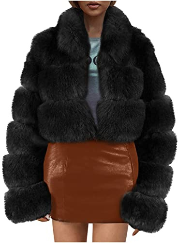 RKaixuni Manteau d'hiver chaud en fausse fourrure pour femme - Veste courte à poils longs à revers - Cardigan fin - Anorak - Parka, Noir , S