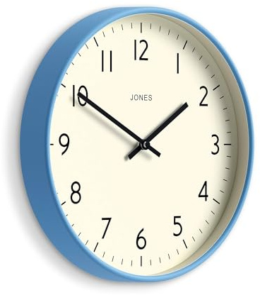 Jones Clocks® Studio clock | Modern round wall clock | 30cm | Mid blue | Easy to read numbers | Versatile design for kitchen, living room or office