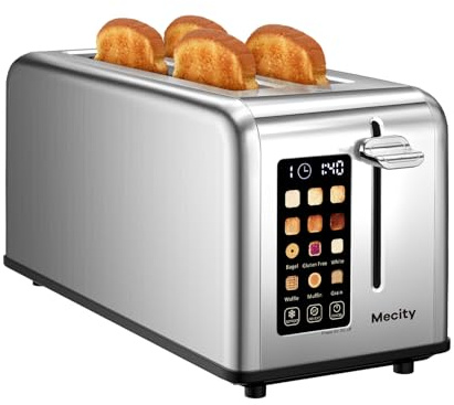 Mecity 4 Slice Toaster Touch Screen 1.5 Long Slot, Stainless Steel Smart Bread Toaster for Bagel Muffin Waffle Gluten Free Breads, Timer, Defrost, Reheat, 120V 1400W