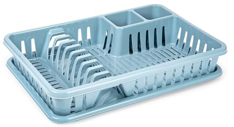 CABLEPELADO Escurreplato de plastico, Escurridor de Platos, Escurridor Fregadero 2 módulos, con Bandeja Anti-Goteo, Plástico, 44 cm de Ancho x 29 cm de Fondo x 7 cm de Altura, Azul Claro