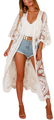 Edhomenn Women's Bikini Cover Up Long Sleeve Lace Cardigan Embroidery Print Cardigan Smock Kimono Long Beach Dress (01 White, One Size)
