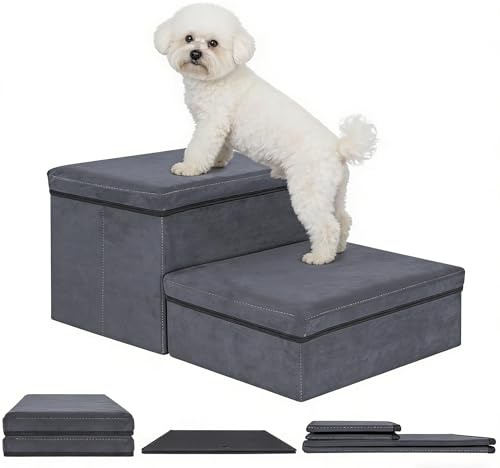 AKOZLIN Scale Per Animali Domestici 2 In 1 Con 2 Gradini Pieghevoli, Rampa Extra Larga Per Cani Di Piccola E Grande Taglia E Gatti, Grigio