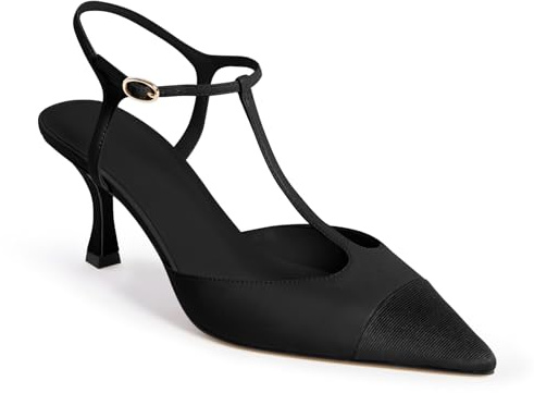 Coutgo Womens Kitten Heels Slingback Pumps Closed Pointed Toe Two Tone Ankle T Strap Office Dress Shoes, Black, Size 9