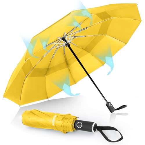 Herreicher Regenschirm Sturmfest Groß Taschenschirm Automatik - Winddicht Ständer Leicht Schirm Automatikschirm Reiseschirm Faltbar Kompakte Golf Umbrella für Herren/Damen/Kinder/Ältere (Gelb)