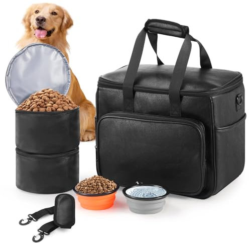 Lasaviin Dog Travel Bag, Leather Travel Pet Bag Set for Dog and Cat, Airline Approved Tote Organizer with Multi-Function Pockets, 2 Food Storage Containers, 2 Collapsible Bowls