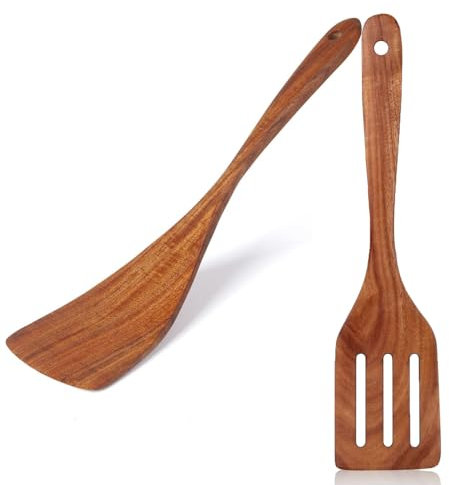 2 spatole in legno – 30 cm legno di teak naturale con manico lungo e paletta a fessura fatta a mano per proteggere da graffi per padella, resistente al calore, antibatterica, set di spatole da cucina