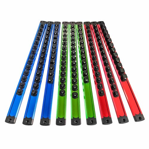Magnetic Socket Holder Organizer Set - 9-Piece Detachable Trays for 1/4, 3/8, 1/2 Sockets, 120-Piece Toolbox Drawer Organizer, Aluminum Alloy Garage Storage for Mechanics & DIY (Red/Blue/Green)