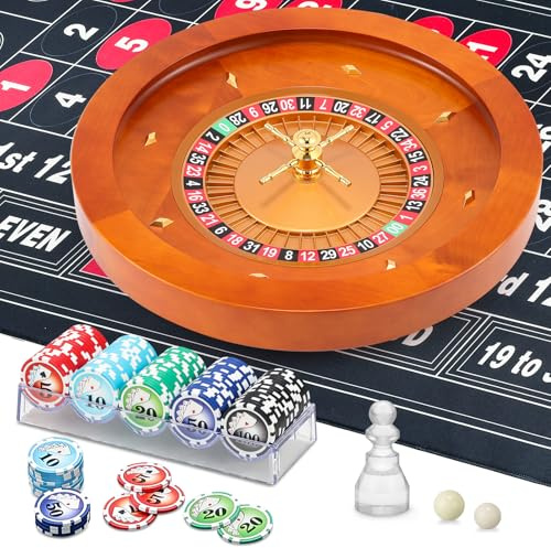 Proshine 18 Wooden Roulette Wheel Set with 47.2 * 23.6” Roulette Tablecloth 100pcs Poker Chips Roulette Win Marker Dual Balls Casino Game Sets Smooth Rotation Roulette Wheel for Family & Party Fun