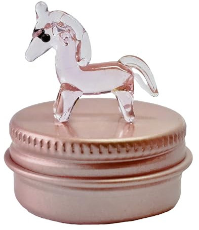 SHC Web Mini Glass Unicorn in Tiny Rose Gold Gift Tin - Cute Little Handmade Pink Glass Animal - Miniature Fantasy Figurine for Unicorn Lovers