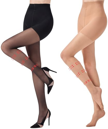 Aaronano Damen Kompressionsstrumpfhose Transparente Figurformende Stützstrumpfhose 30Denier 1 Paar Schwarz 1 Paar Natur L