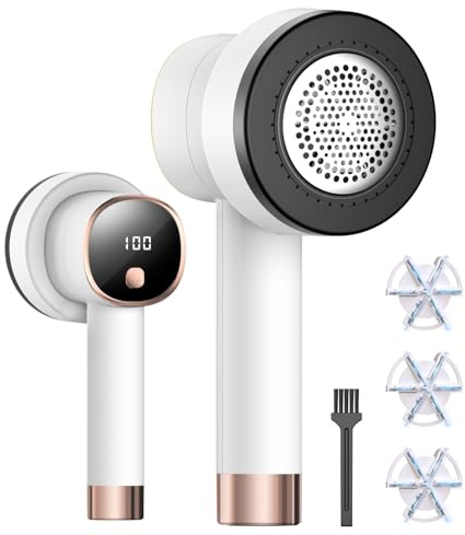Rasoir Anti Bouloche Électrique - Rechargeable Câble USB,Écran LCD,3 Niveaux de Puissance Réglables,Tête à 6 Lames Bouloche Appareil, pour Vêtements Canapés Couvertures Rideaux -Blanc