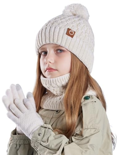 Ensemble Bonnet Echarpe Enfant Hiver Tricoté Tour de Cou Chaud, Écharpe et Gants D'hiver pour Enfants 4 à 11 Ans, Bonnet Enfant Hiver avec Pompom, hHiver Accessoires avec Doublure en Polaire Douce