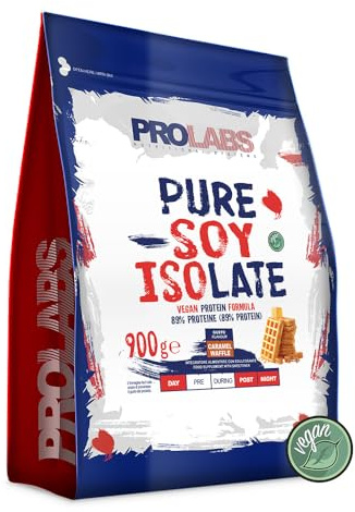 PROLABS PURE SOY ISOLATE - Proteine in Polvere Isolate, 89,5% Proteine Vegane Purissime di Soia - Protein Powder con Vitamina B6 e B12, no OGM - 900g (30g = 3 Misurini Tot 33 Porzioni), Caramel/Waffle