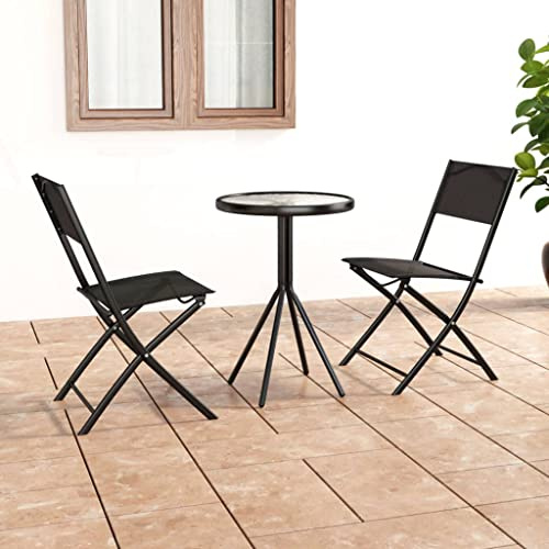 Juego de bistró Plegable, Mesa de Cristal con 2 Sillas, Estructura de Acero, Asientos de Textileno, Negro, Diseño Estable, Plegable para Jardín, Hogar Al Aire Libre, Fácil de