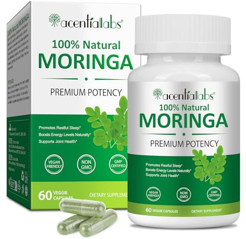 Moringa Capsules, Organic Moringa Tablets 800mg, Pure Moringa Leaf Extract Vegan Powder Capsules, No Additives, Non-GMO, 1-Month Supply, 60 Capsules