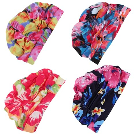 Mikikit 4pezzi Cuffia da Nuoto Stampata Cuffia da Bagno Elastica in Nylon Protezione per Orecchie Adatta per Adulti Uomini e Donne