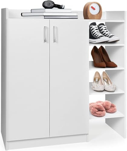 GIANTEX Mueble Zapatero con 2 Puertas, Armario para Zapatos con 4 Estantes Abiertos y Encimera Amplia, Estantes Interiores Ajustables, 83x31x90cm, Organizador para Entrada, Pasillo, Salón (Blanco)