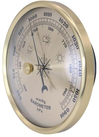 UTTASU Barometro con quadrante in metallo con termometro e igrometro per stazione meteorologica interna, montaggio a parete, decorazione per la casa, finitura oro, diametro 90 mm