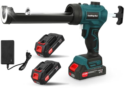 Pistola Silicone a Batteria, 300ML Pistola a Cartuccia Elettrica con Velocità Regolabile 50-210 mm/min, Pistola per Silicone a Batteria con 2 Batterie da 2,0 Ah, Luce LED, Antigoccia per Sigillatura