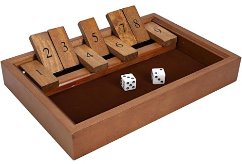 WE Games Shut the Box Game Wooden – 9 Number Flip Tiles with Dark Stained Wooden Box, Perfect for Game Night, Math Games, Clackers, Family Games, Adult Dice Games, Board Games for Adults, 11 inches