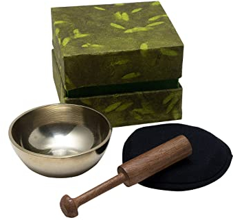 Mini Klangschale in grüner Geschenkbox inkl. Unterlage und Holzklöppel I Zarter Klang für feines Hören I Die nette Geschenkidee und kleines Mitbringsel für Klangschalen-Fans