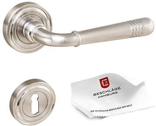 Beschläge Hamburg | Art Déco Türgriff | Emily ART 70-07Z MMN | Türdrücker/Türklinken für Zimmertüren | Buntbart Rosetten ø 52 x 9 mm in matt vernickelt