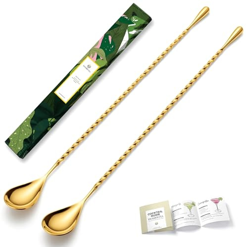 Homestia 12-Inch Bar Spoon, Long Twisted Stem Handle Mixing Stirrers for Drink, Stainless Steel Bar Cocktail Shaker Spoon, Teardrop Weight Barspoon Japanese Style, 2PCS Gold