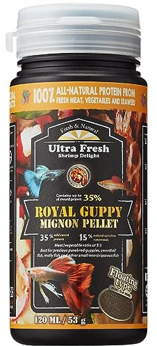 Ultra Fresh Royal Guppy Mignon Pellet, All Natural Guppy Food, Sword Prawns, Spirulina, Highly Nutritious, for Cleaner Water and More Vibrant Color 1.87 oz