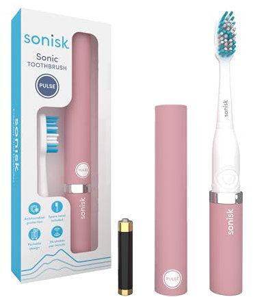 Sonisk Pulse | Battery Powered Electric Toothbrush | Portable Travel Size with Antimicrobial Sonic Technology | 1x Battery, 2X Brush Heads, 1x Travel Case Included (Dusty Pink)