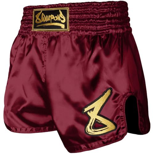 8 WEAPONS Muay Thai Shorts Strike, Weinrot, Größe L, Kickboxhose für Training & Wettkampf, Thaibox Shorts Satin, Atmungsaktiv, Langlebig, Kampfsporthose für MMA, K1, Boxen, Thai Boxen
