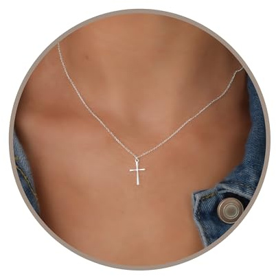 Annika Bella Small Cross Necklace, 925 Sterling Silver Faith Jewelry, Religious Tiny Pendant Charm Necklaces, Gift for Her (Silver)