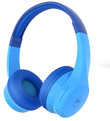 Motorola Moto JR300 - Auriculares Bluetooth para niños con micrófono, Ligeros, con limitador de Volumen de 85 dB, Divisor de Audio para Compartir, Ideales para la Escuela, Viajes, Juegos, Color Azul