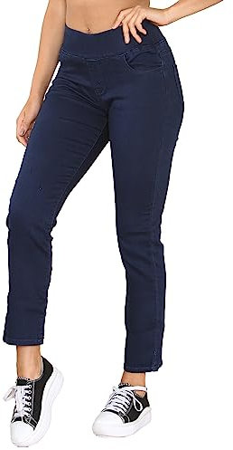 989Zé ENZO Dam elastisk midja jeans byxor smala raka ben dra på stretch denimbyxor vardaglig bomull bekväma jeggings, Indigo, 44 SE