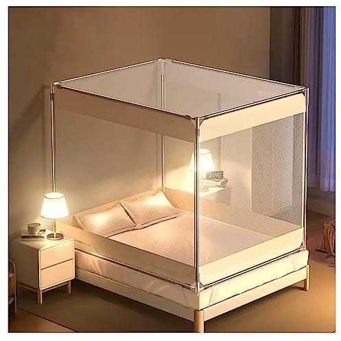 LONONE Moustiquaire lit Cadre Rideau auvent 4 Coins Poste lit à baldaquin pour Chambre lit Filet Cadre à baldaquin pour Enfants et Adultes,Beige,Queen