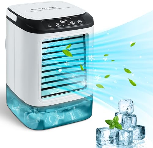 Tragbare Klimagerät, Mini Luftkühler mit 900ml Tank, 3 Geschwindigkeiten, 2 Nebelmodi, 7 Farben Lichter und Eisbox, Turbogeladener Kühlventilator für Büro, Haus, Schlafsaal