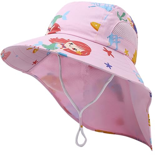 XYIYI Kids Pink Mermaid Sun Hat Flap Neck Protection Adjustable Chin Straps Sun Protection Hats for 3-8 Years Old Boys Girls