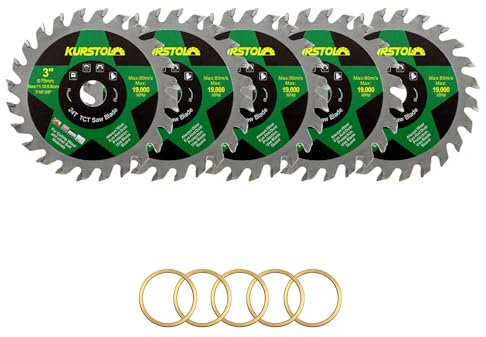 KURSTOL Disque Carbure pour Bois - 75mm x 5 TCT Disques à Tronçonner pour Bois Plastique Contreplaqué Panneau Particules Multicouche, 11,12mm Alésage, 11,12/9,5mm Rondelle