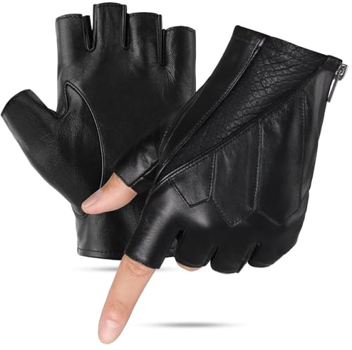 GSG SINCE 1998 Guantes piel hombre sin dedos – Medio dedo de cuero ovino, sin forro, ideales para moto, ciclismo y gimnasio verano Negro L
