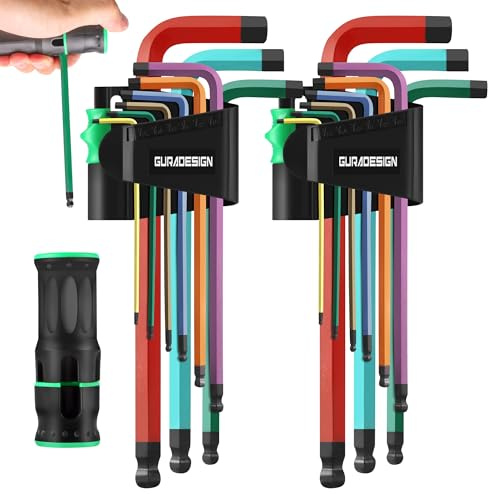 GURADESIGN 19-teiliges Inbusschlüssel-Set, Sechskantschlüssel-Set, metrische und SAE-Alan-Schlüssel-Sets, extra lang mit Kugelende, T-Griff, MM (1,5 mm - 10 mm), SAE (5/64 - 3/8 Zoll