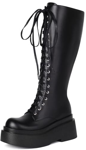 Gicoiz Femme Plateforme Mode Knee High Military Gothic Bottes Boucle Strappy Bout Rond Hiver Compensées Combat Biker Punk Booty Zip Noir Taille 36 EU