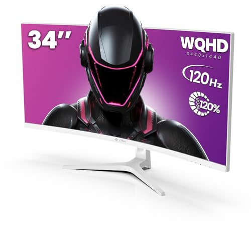 CRUA 34 Curved Gaming Monitor, WQHD 3440x1440, 120Hz Computer Monitors, 1500R VA Screen, 120% sRGB, AMD FreeSync, Blue Light Filter, HDMI 2.0 & DP 1.4, Wall Mountable Installs- White