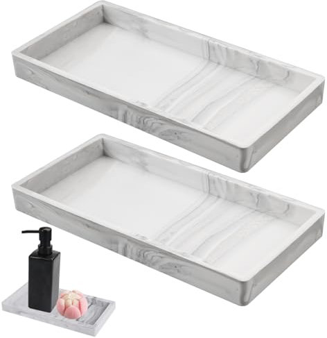 PetGlimmer 2 Piece Vassoio Silicone Bagno Vassoio Portaoggetti Bagno Bianco Portaoggetti Marmo Decor Rettangolare per Sapone Profumi Cosmetici Gioielli