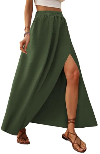 Zeagoo Gonne Estive Donna Gonne Lunga con Spacco Elegante Midi a Vita Alta Gonna Tinta Unita Chiffon Gonna da Spiaggia Verde Militare L